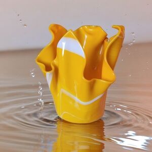 Yellow Slag Glass Handkerchief Vase w/ White Swirl Vintage Murano Style